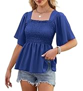 HEYTALALA Womens Summer Smocked Peplum Top Square Neck Ruffle Short Sleeve Blouse Loose Fit Babyd...