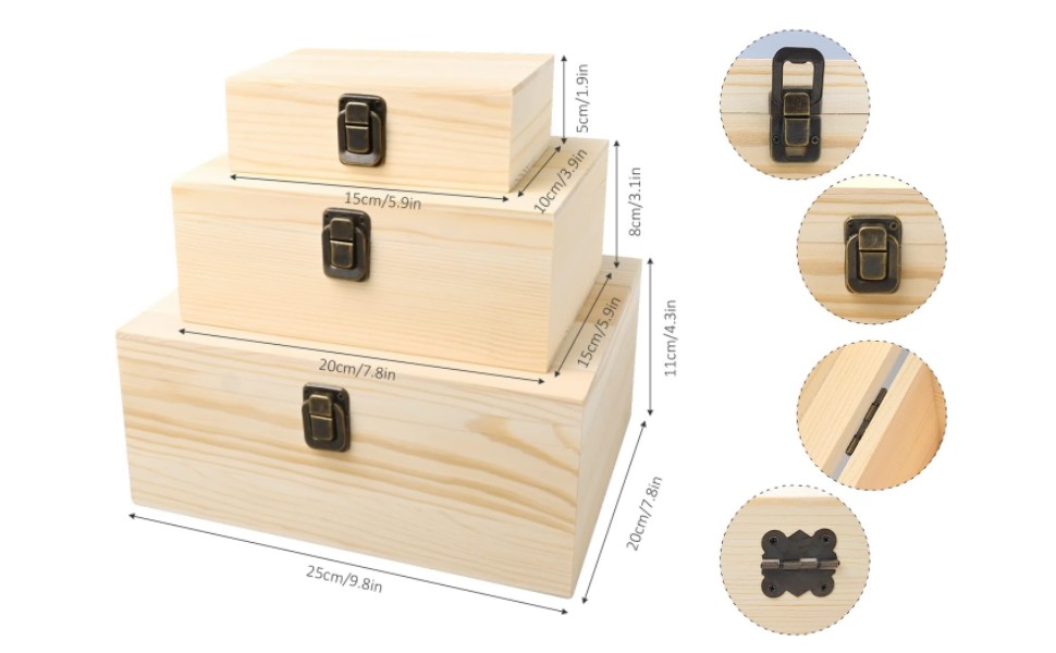 3 Pack Unfinished Wooden Boxes, Rectangle Pine Wood Box, Treasure Chest with Lid and