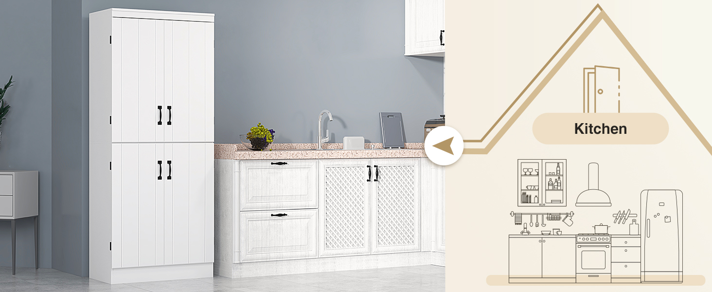 4Door Tall Kitchen Cupboard, Freestanding 6Tier Storage