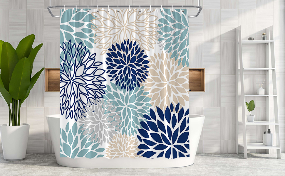 JWJAMM Dahlia Pinnata Shower Curtain Beige Navy Blue Gray