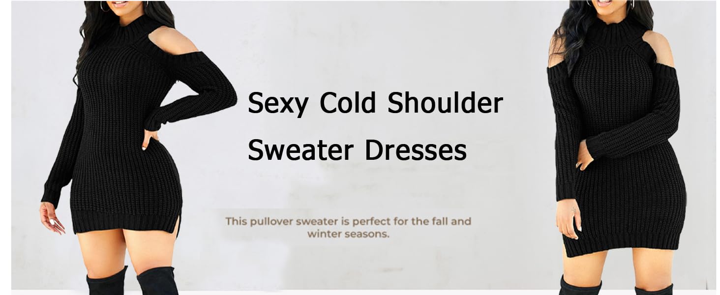 Elegant Sweater Dress for Women Cold Shoulder Knit Long Sleeve Pullover Sweater Dresses with Split