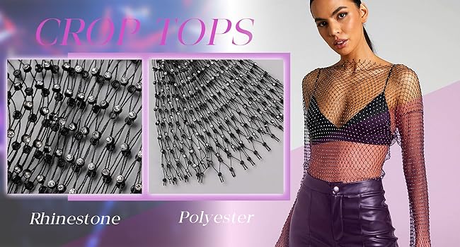 ELLEVEN Rhinestone Crystal Crop Top, Long Sleeve Mesh Body Chains