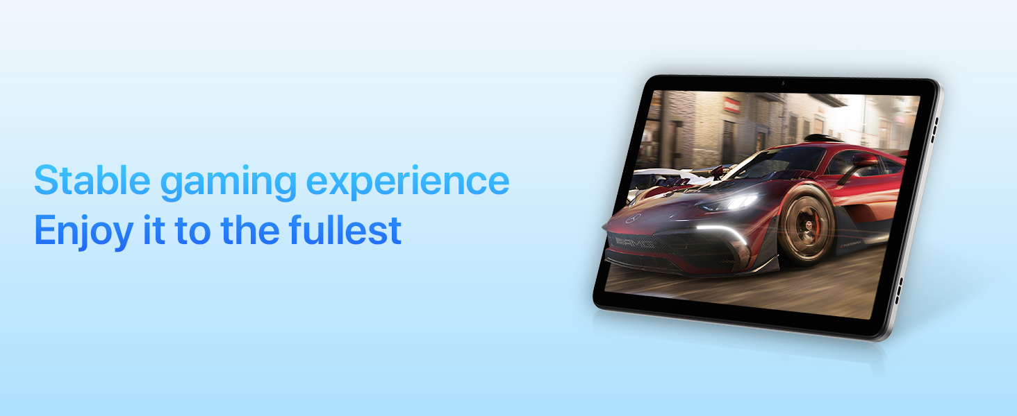 Tablet device displaying a racing game with a red sports car. Text overlay mentions stable gaming experience.