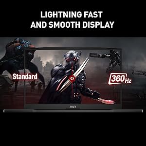 laptop screen split 50:50, with one side depicting smoother graphics with 360 Hertz refresh