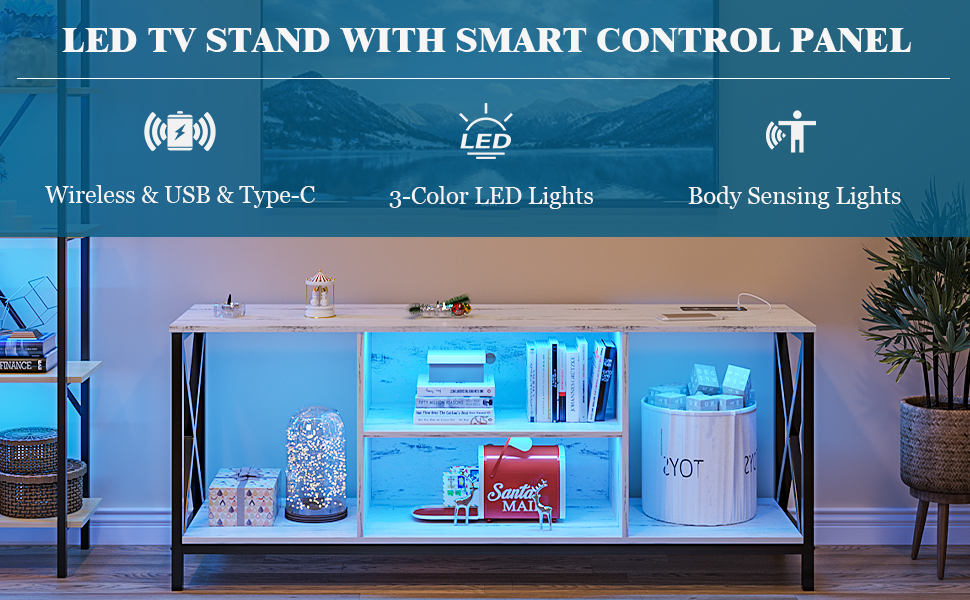 WOOVIVS 59" LED TV Stand with USB/Wireless Charging Station, TV Console Table with