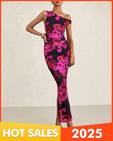 Women's Summer Dresses Sleeveless One Shoulder Bodycon Ruched Slit Mesh Wedding Guest Cocktail Dress