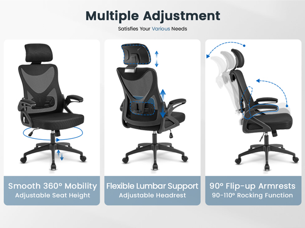 Ergonomic office chair with mesh back, adjustable headrest, lumbar support, and flip-up armrests. Features 360-degree swivel and height adjustment capabilities.