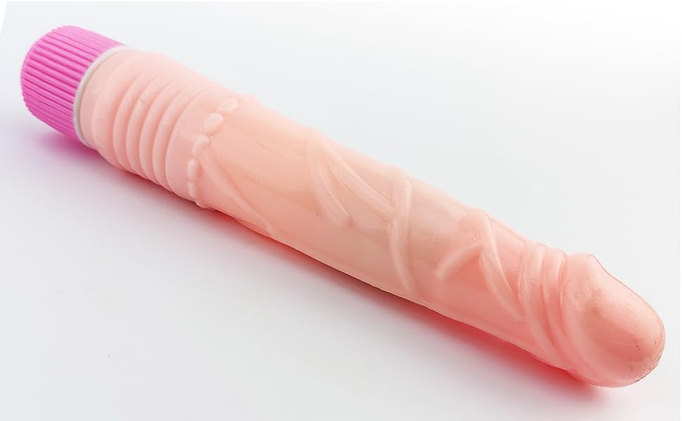Elongated cylindrical object in pale pink with ribbed texture and smooth cap in bright pink.