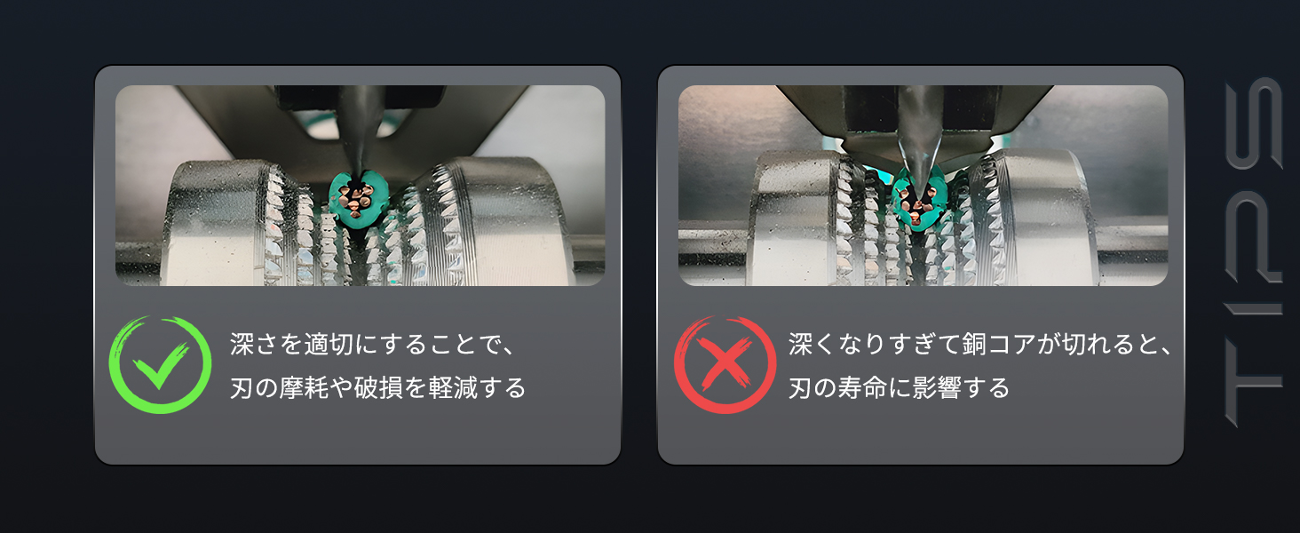 深さを適切にすることで、刃の摩耗や破損を軽減する  深くなりすぎて銅コアが切れると、刃の寿命に影響する