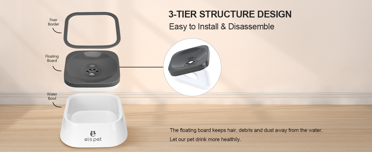 Exploded view of a 3-tier pet feeding bowl. White base, gray middle tier, black top with removable rim. Text indicates easy installation and disassembly.