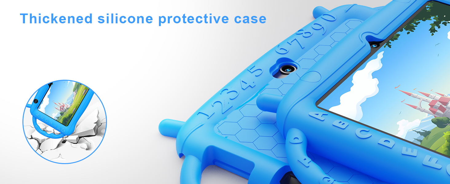 Blue silicone protective case for a tablet or e-reader. Features raised edges and a textured back for improved grip and drop protection.