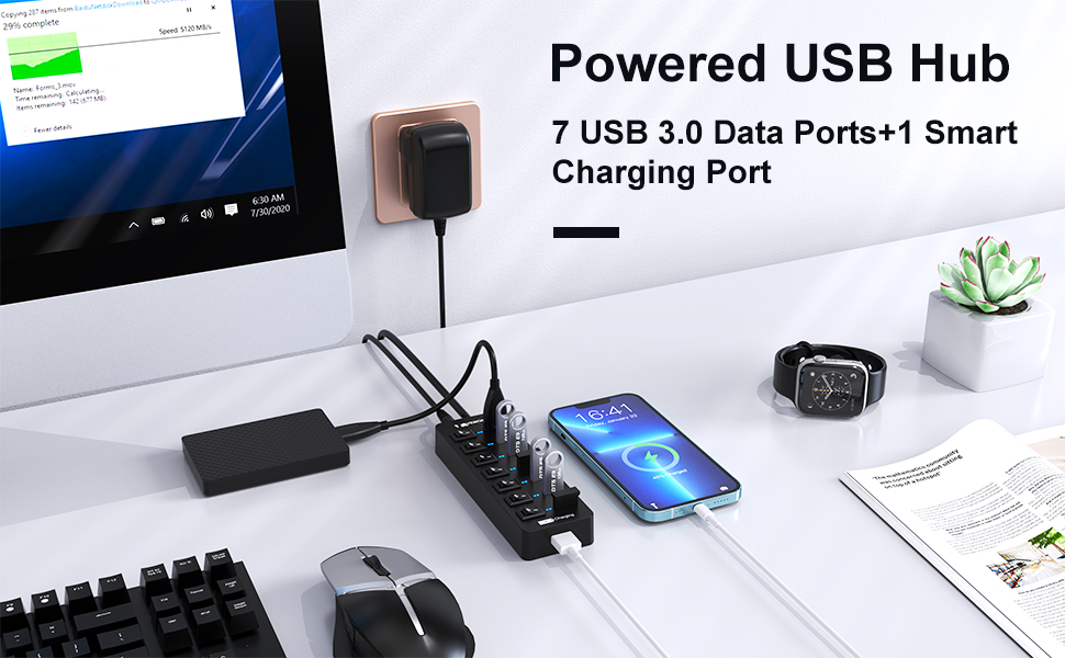 Powered USB Hub 3.0,VEMONT 7 Ports Multi USB Hubs and 1 USB Smart
