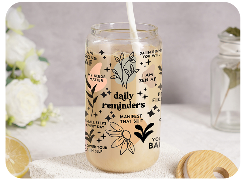 motivational gifts, glass coffee tumbler, zen gifts,inspirational gifts,glass cup with lid and straw
