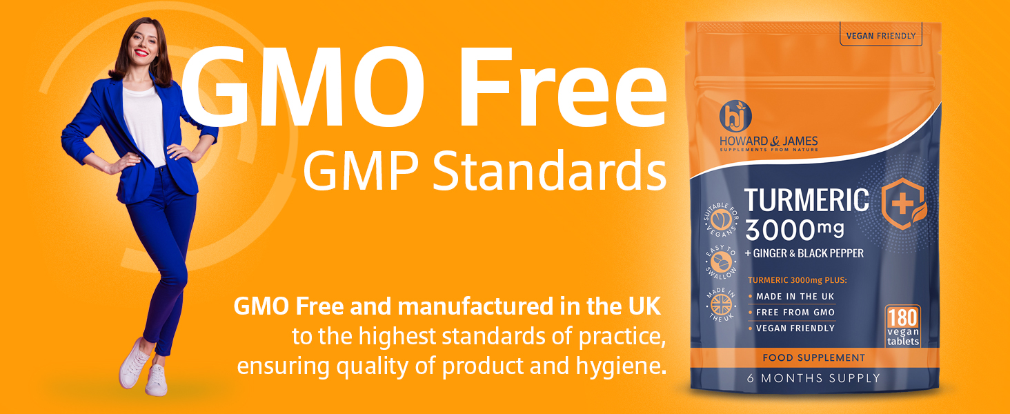 Turmeric 3000mg plus ginger and black pepper, GMO free and made in the UK for quality and hygiene.
