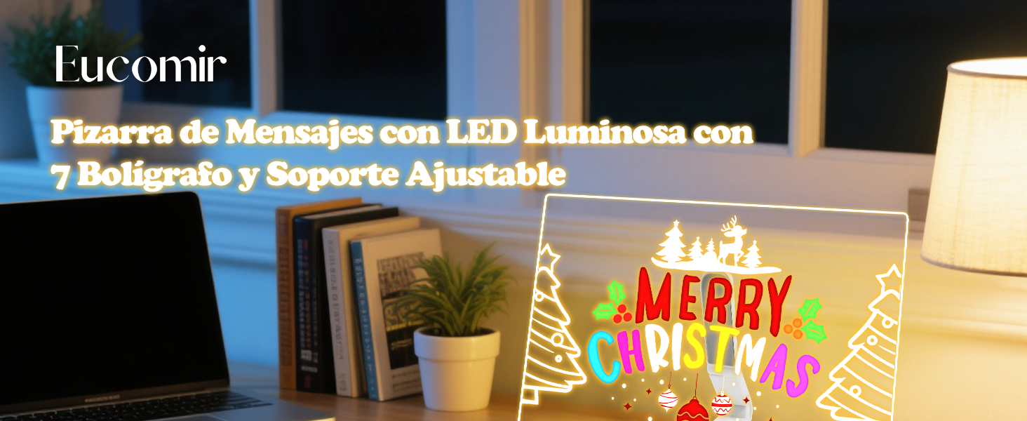 El texto dice «Fucomir» y «Pizarra de Mensajes con LED Luminosa con 7 Botones y Soporte Ajustable». Tablero de mensajes LED que muestra la palabra «MERRY» con diseños de árboles de Navidad iluminados.