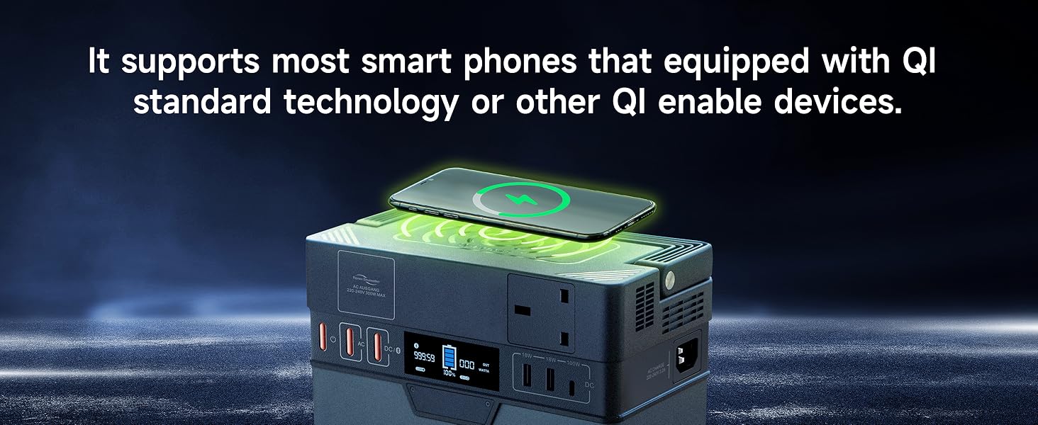 Technical diagram of Qi wireless charging device with circuit board layers visible, showing compatibility with smart phones.