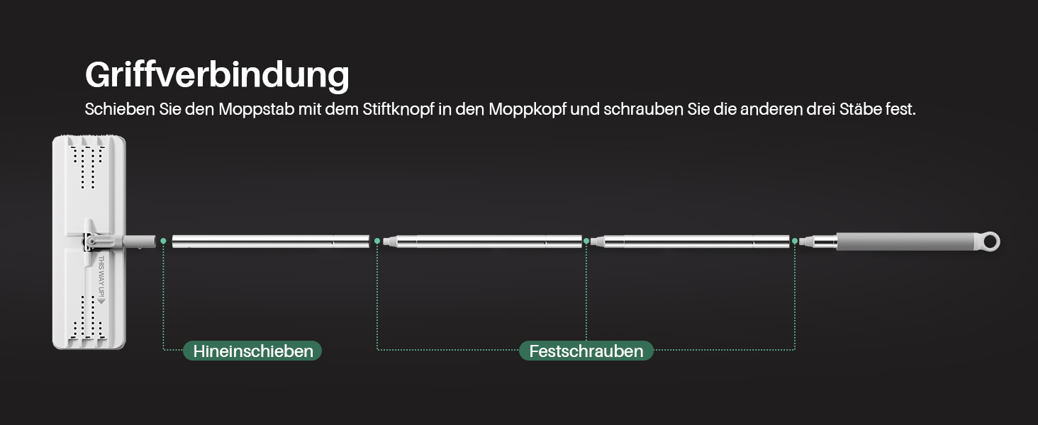 Ausziehbarer Wischstiel mit Teleskopabschnitten. Verfügt über einen rechteckigen Wischkopf und Verriegelungsmechanismen mit den Aufschriften „Hindrehen“ und „Festschrauben“ zum Einstellen der Länge und zum Befestigen