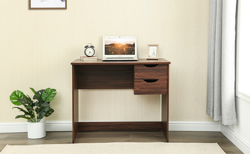 Brown Computer Desk with Drawer Writing Study Table with 2 Side