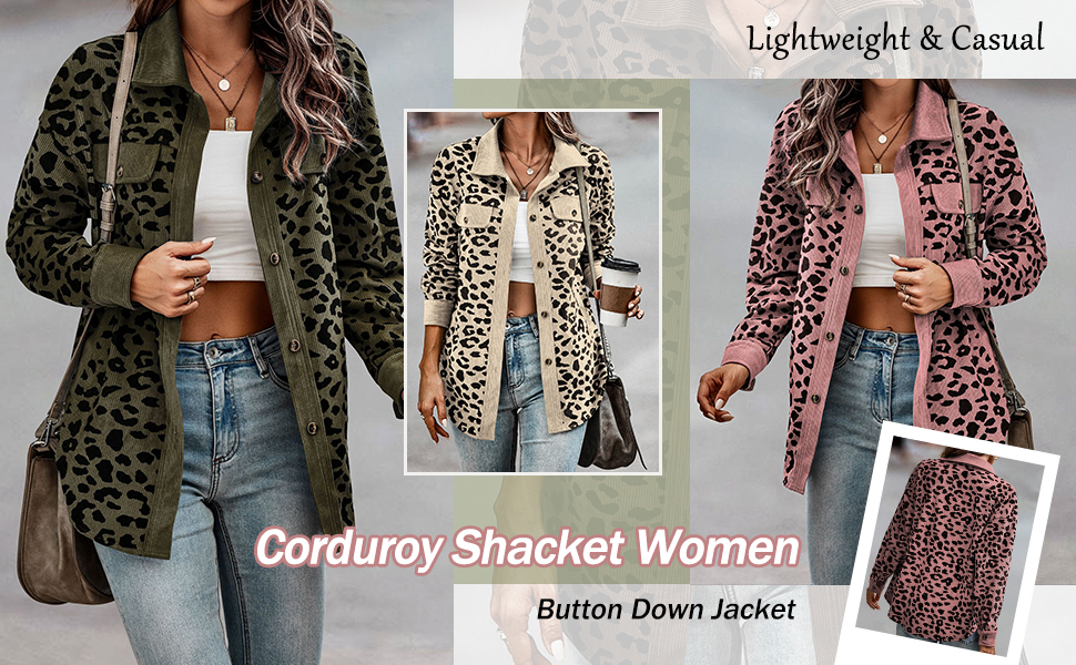 YYW Women's Leopard Corduroy Shirt Casual Loose Button Down