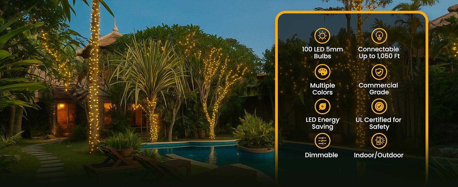 Connectable LED Christmas lights 50ft brown wire with 100 warm white 5mm lights