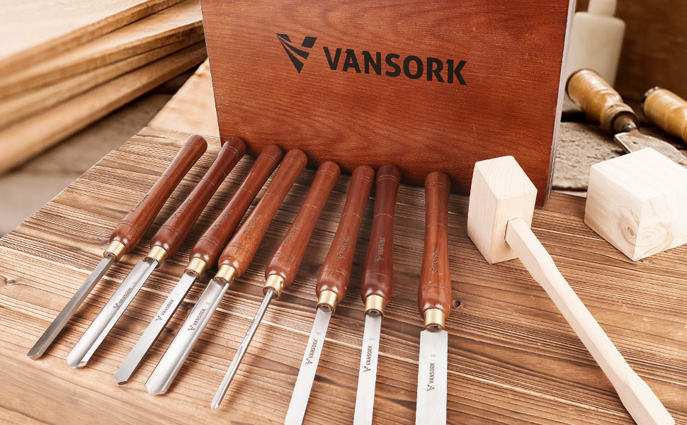 VANSORK 8Pieces HSS Wood Turning Tools for Lathe, Walnut Handle Wood
