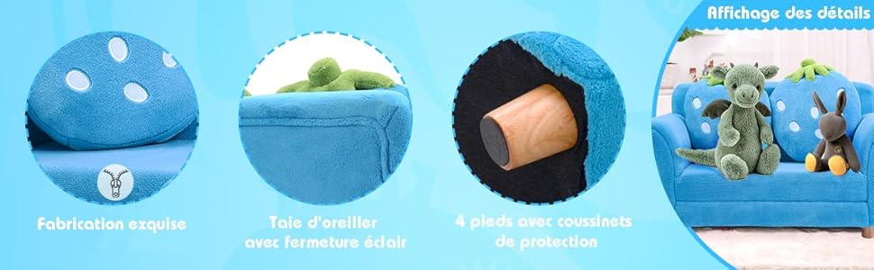 RELAX4LIFE Canapé Enfant 2 Places Avec Rembourrage En Éponge, Surface Peluche De Corail, Fauteuil Sofa Avec 2 Oreillers En Forme De Fraise Pour 3-7 Ans, 90X53X48 CM, Rose/Bleu (Bleu) 15 detail
