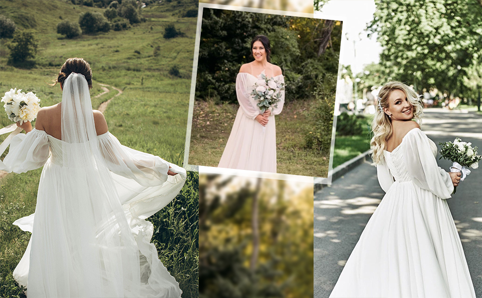 Vestidos de novia de manga larga para novia, vestido de novia de gasa con hombros descubiertos, vestido de fiesta de boda
