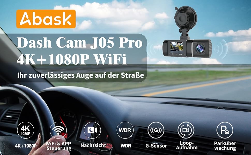 Abask Dashcam Auto 4K WiFi Dashcam Vorne Innen mit 32GB SDKarte, Auto Kamera 310 Grad