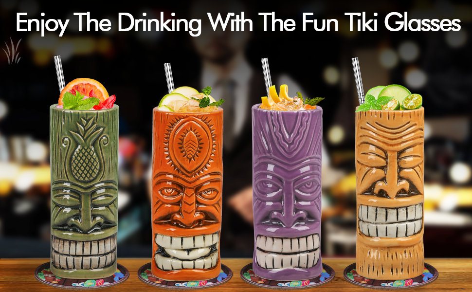 Tiki Mugs Set of 4,Ceramic Tiki Hawaiian Party Mugs