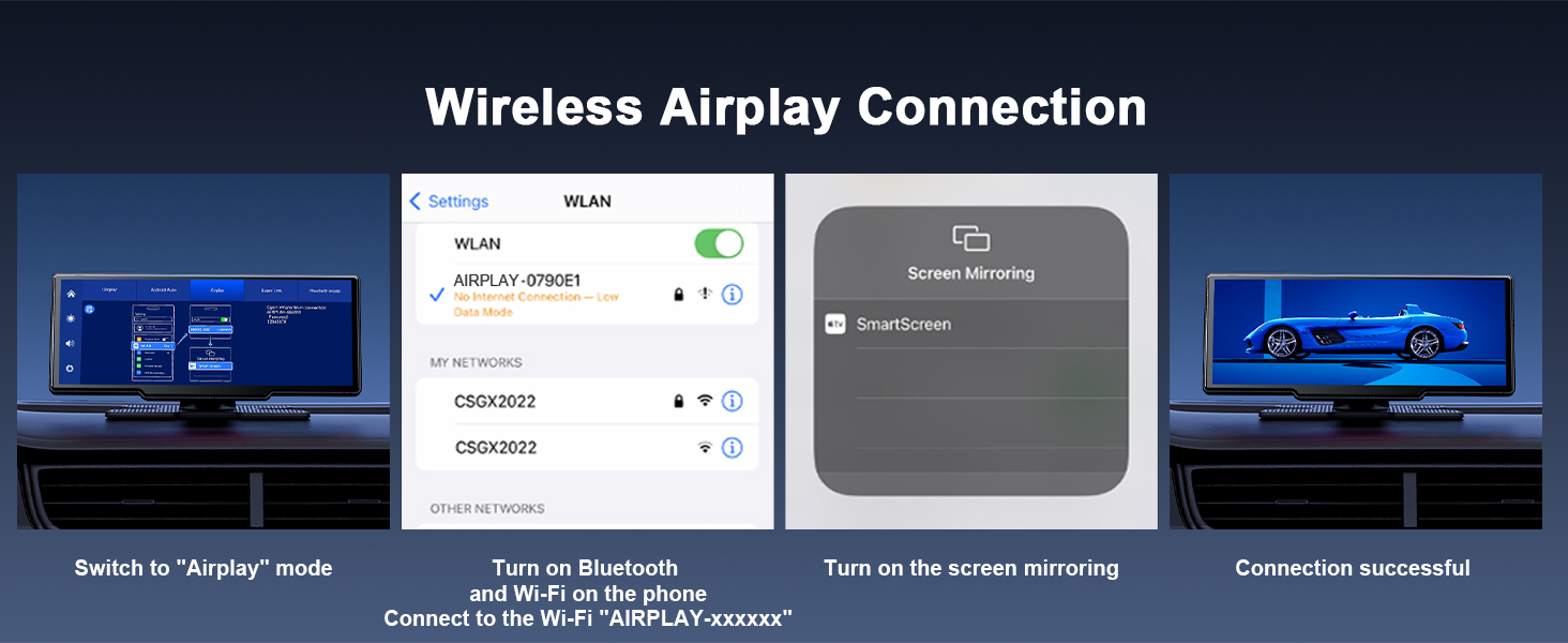 Four-step guide for wireless display connection, showing TV screens and mobile device. Steps include selecting source, turning on Bluetooth, tapping to connect, and successful connection.