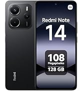 El texto dice «Redmi Note», «14», «108 megapíxeles», «128 GB». Varias vistas del módulo de cámara del smartphone muestran una configuración de lentes de gran tamaño.