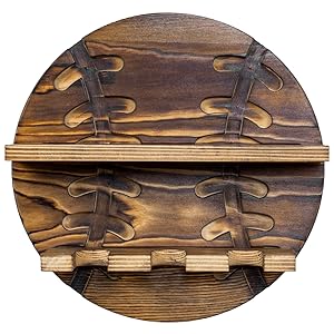 Wall Mounted Rustic Burnt Solid Wood Baseball Bat Hanger and Ball Display Shelf