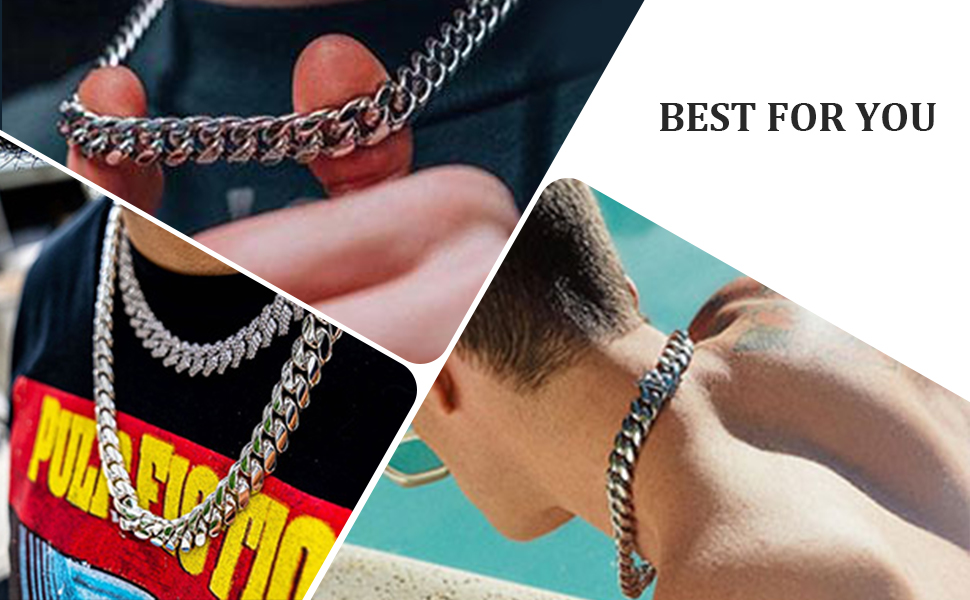 Collage di collane a catena in argento indossate in diversi stili. Mostra i primi piani delle maglie della catena e vari