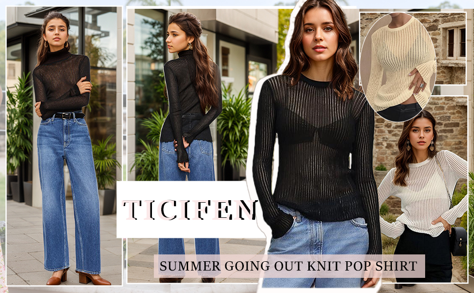 Women See Through T-Shirt Crew Neck Sheer Mesh Knit Sweater