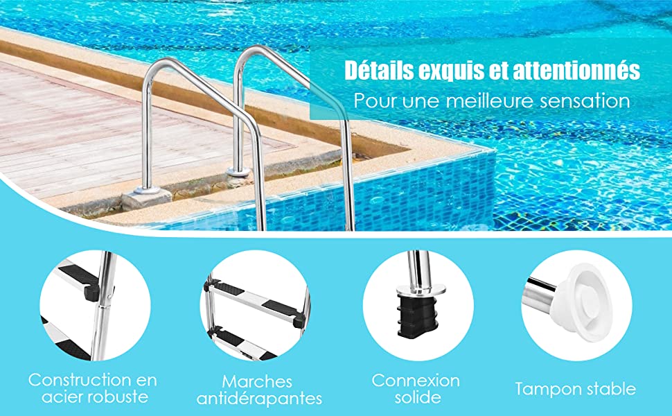 RELAX4LIFE Échelle De Piscine à 3 Marches En Acier Inoxydable Avec Protection Antidérapante, Escalier De Piscine Chargeable à 150KG Pour Piscines, Centres De Spa, Parcs Aquatiques, 63x146 CM (Modèle 2 11 6