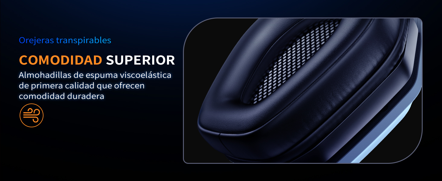 Primer plano de una superficie texturizada azul oscuro con perforaciones. El texto en español menciona la «comodidad superior»