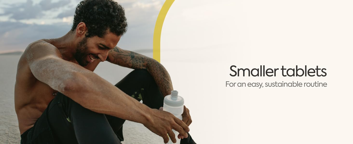 Text reads 'Smaller tablets'. Side profile view of person in gray shirt sitting.