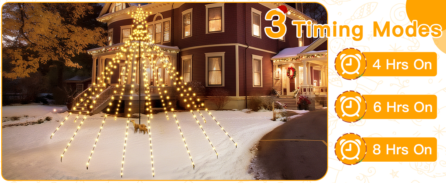 Text reads '3 Lighting Modes', '4 hrs On', '6 hrs On', '8 hrs On'. House exterior with decorative string lights and menu showing different timer settings.