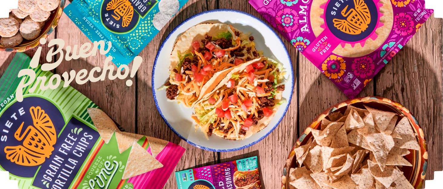 Siete Foods including gluten free cookies, tortillas, chips, and seasoning