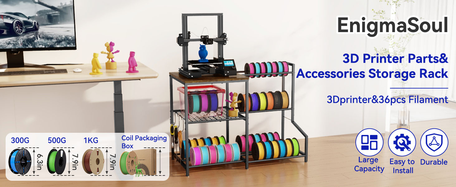 3D Printer Stand with Filament Storage Rack, 3D Printer Table with Shelves and 3-Tier Metal Spool Holder, Heavy-Duty 3D Filament Storage Stand for Workshop, Studio, or Office, Retro Brown 8 3d printer filament storage rack