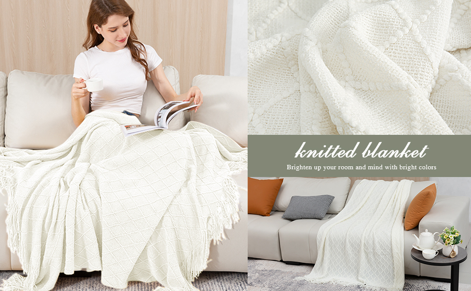 inhand Knitted Throw Blankets for Couch and Bed, Soft Cozy Cream Throw