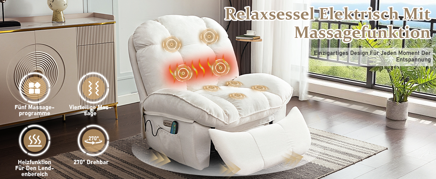 Weißer Massagesessel oder Liege in mehreren Ansichten mit beschrifteten Funktionsanzeigen und Symbolen, positioniert in der Nähe großer Fenster mit Blick ins Freie.