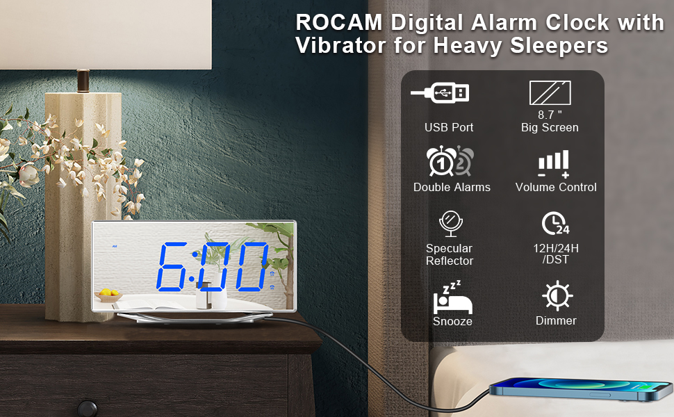 ROCAM Digital Alarm Clock for Bedroom/Office, 8.7" Large LED Mirror