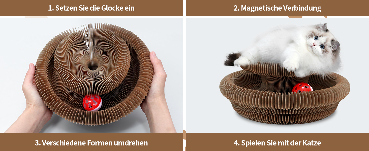 Anleitungsbilder, die ein braunes rundes Hundebett oder -kissen mit Schritten zeigen, wie es zusammengebaut und von einer Katze benutzt wird