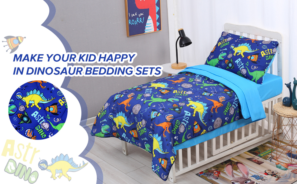 Cloele 4 Piece Toddler Bedding Set Ultra Soft Dinosaur Toddler Bed Set for Boys