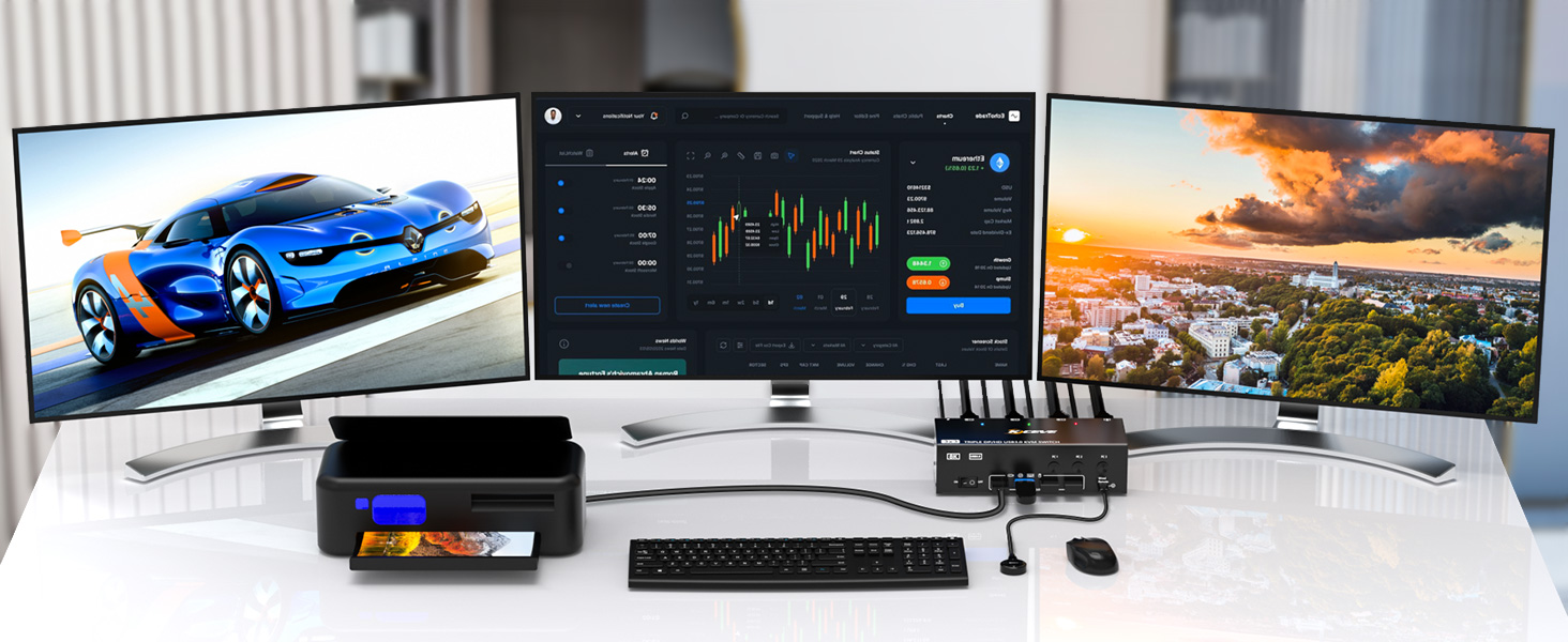 8K 3 Monitors 3 Computers Triple Monitor KVM Switch 3 Port, 2