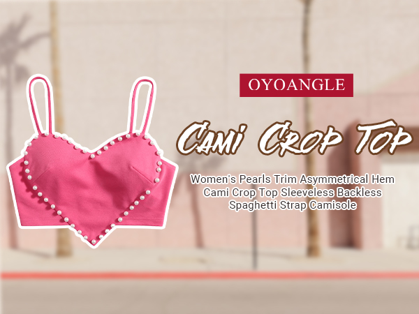 OYOANGLE Women's Pearls Trim Asymmetrical Hem Cami Crop Top