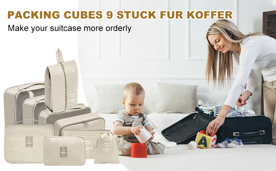 Lot de 9 Organisateur Valise Packing Cubes, Rangement Valise