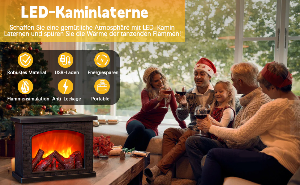 de faroles LED para chimenea en alemán, que muestra una chimenea eléctrica con efectos de llama y funciones que incluyen carga USB y ahorro de energía