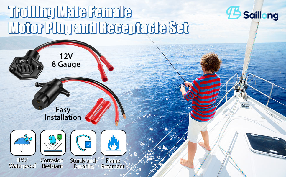 12V Trolling Motor Plug, 8 Gauge 2 Wire Trolling Motor Connector Male Plug for